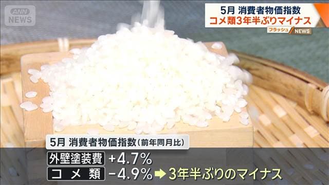 5月　消費者物価指数　コメ類3年半ぶりマイナス