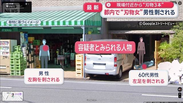 都内で“刃物女”男性2人刺される　現場付近から“刃物3本”
