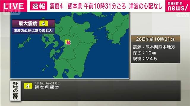 【速報】熊本県熊本地方で震度4　津波の心配なし