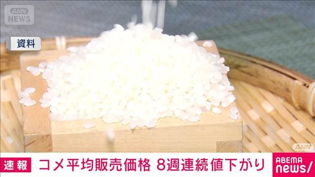 コメ平均販売価格　8週連続値下がり　2860円/5kg（前週比－66円）