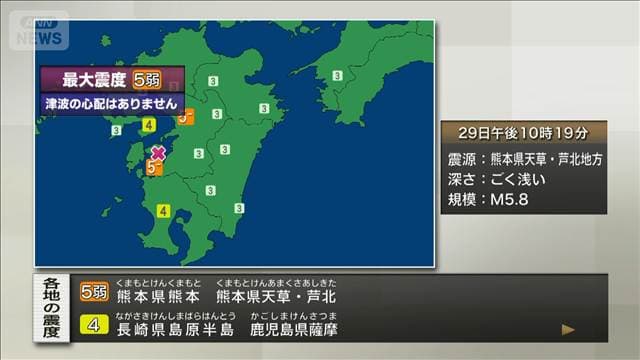 熊本で震度5弱 津波の心配なし
