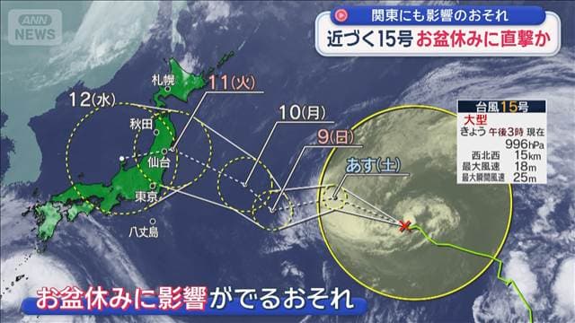 近づく台風15号 お盆休みに直撃か 関東にも影響のおそれ