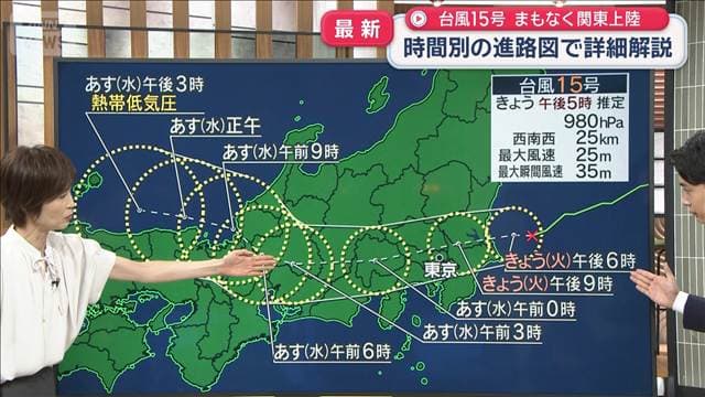 台風15号まもなく関東上陸 時間別の進路図で詳細解説