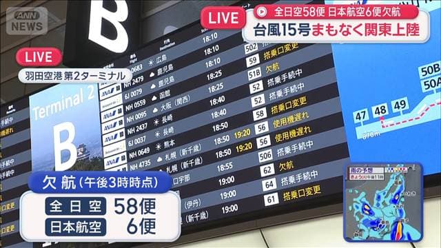 台風15号まもなく関東上陸 全日空58便 日本航空6便が欠航