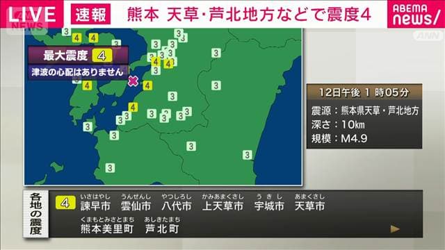 熊本県天草・芦北地方などで震度4