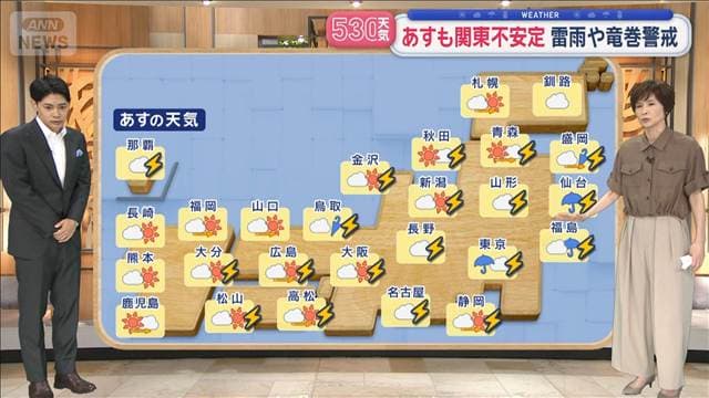 【全国の天気】あすも関東中心に不安定な状況続く 一日通して雷雨や竜巻警戒