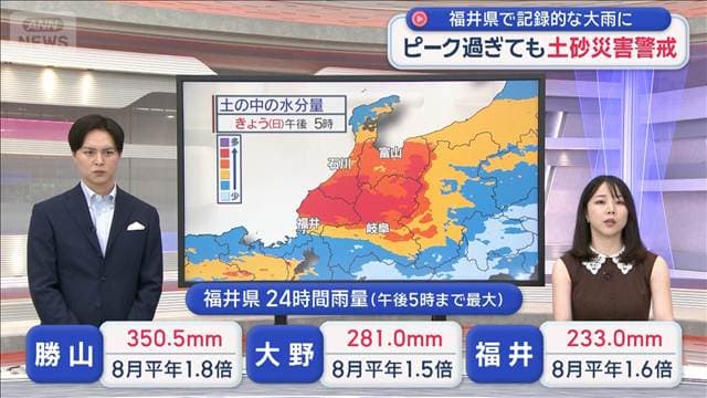 福井県で記録的な大雨に ピーク過ぎても土砂災害警戒