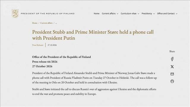 北欧2カ国首脳がプーチン氏と電話会談 3カ国協議前にウクライナ侵攻終結へ意見交換